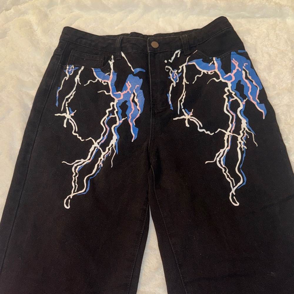 Black Jeans with Red and Blue Lightning Design